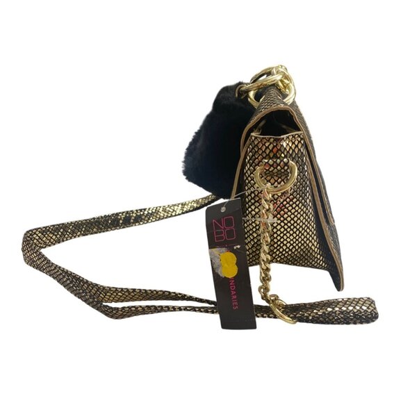 Gold Snake Print Faux Leather Shoulder Bag With Chain Strap & Faux Fur Handle - Picture 4 of 6